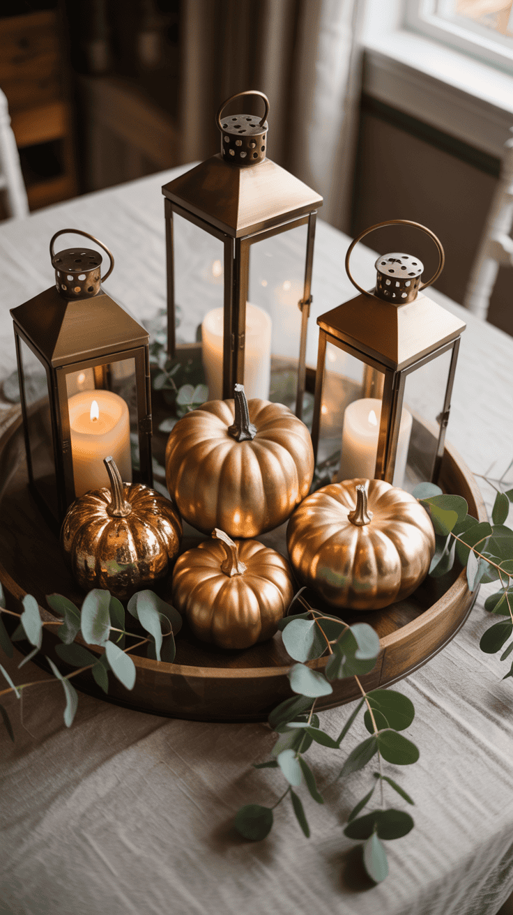 A decorative display featuring gold and bronze pumpkins arranged on a round wooden tray, surrounded by green eucalyptus leaves. Three golden lanterns with lit candles are placed among the pumpkins, adding a warm, cozy ambiance. The setting is on a table with a neutral-colored cloth near a window.