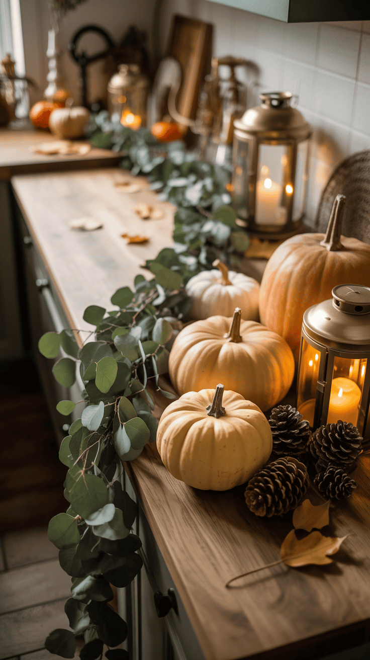 A cozy autumn-themed kitchen countertop decorated with small pumpkins, pinecones, a eucalyptus garland, and candle-lit lanterns.