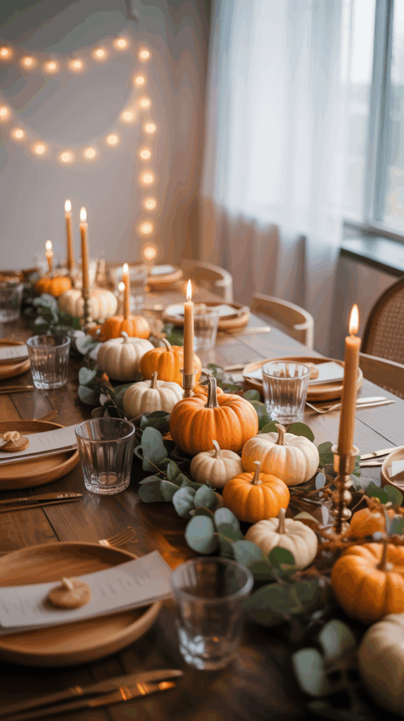 A beautifully decorated dining table with white and orange pumpkins, green foliage, and lit candles creating a cozy autumn ambiance. Plates, glasses, and cutlery are neatly arranged, and warm string lights hang softly in the background.