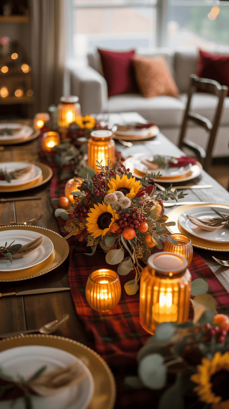 A festive dining table set with candles, sunflowers, and autumnal decorations, featuring golden plates and white napkins on a dark red table runner, creating a warm, cozy atmosphere.