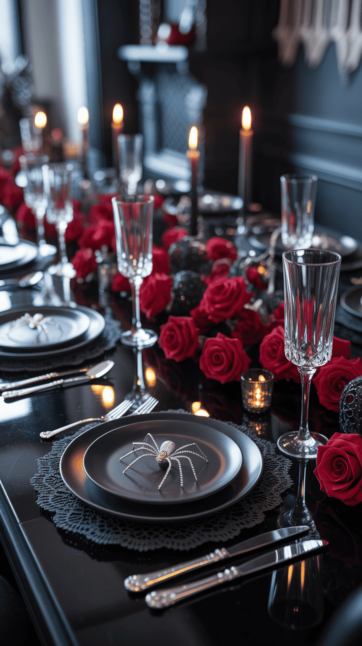 Elegant gothic dining table setting with black plates, crystal glasses, and silverware, accented by red roses and a spider decoration on each plate, surrounded by lit candles.