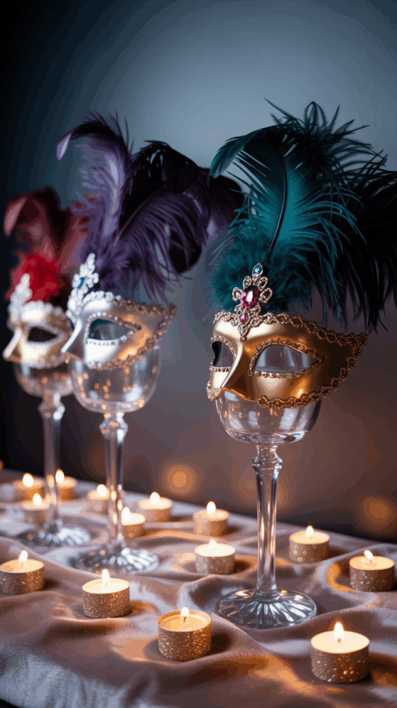 Three elegant masquerade masks with feathers and jewels, displayed on glass stems surrounded by lit tealight candles on a silky cloth.