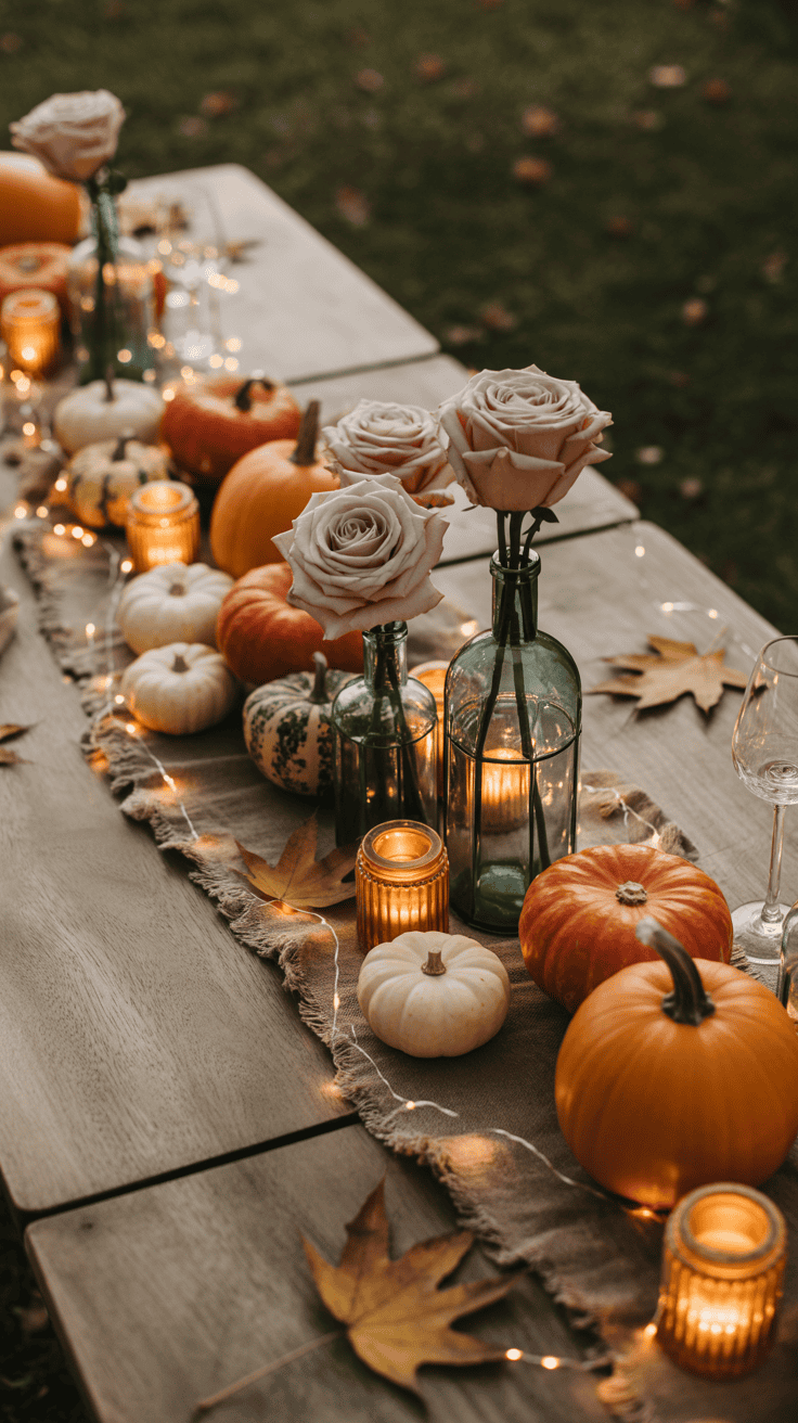 A rustic fall-themed table centerpiece featuring pale pink roses in glass bottles, surrounded by small pumpkins, gourds, flickering candles, and scattered autumn leaves on a wooden table.