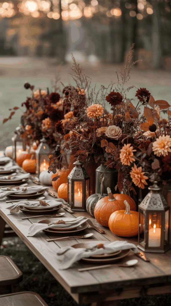 A rustic outdoor dinner table set for autumn with plates and napkins, surrounded by autumnal decorations including small pumpkins, candlelit lanterns, and vibrant floral arrangements featuring orange and burgundy flowers.