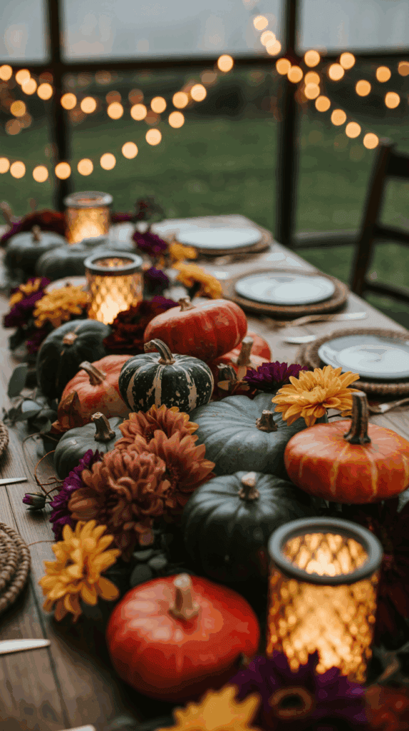 A festive dining table decorated with pumpkins, chrysanthemums, and glowing lanterns, set with plates and cutlery, with string lights in the background.