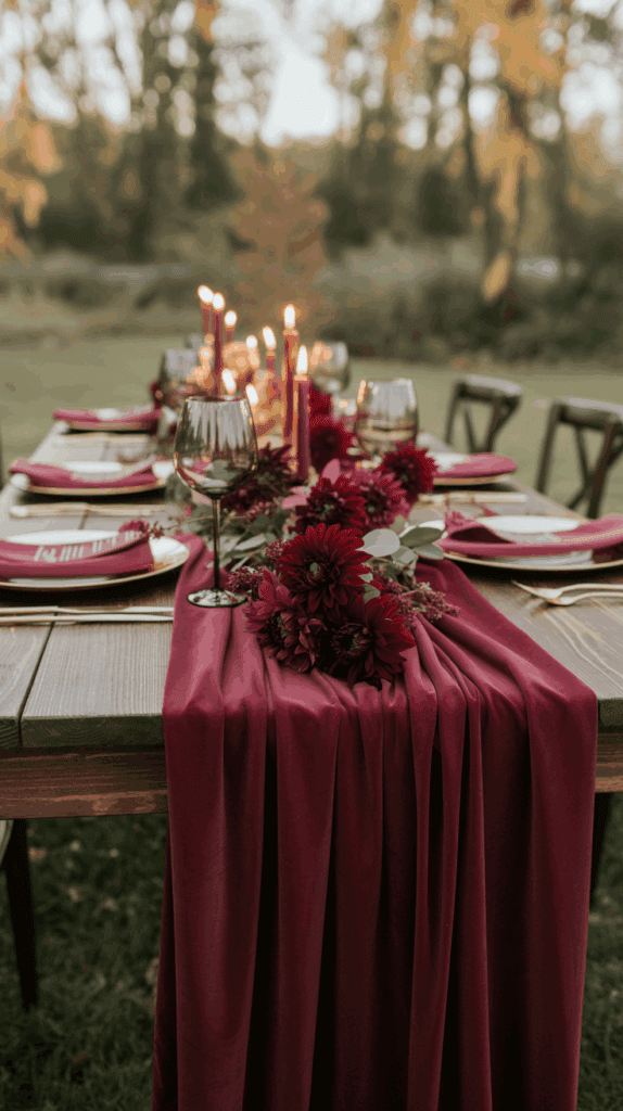 An elegantly set outdoor dining table with a burgundy cloth runner, burgundy flowers, wine glasses, plates, and lit candles, surrounded by a natural wooded backdrop.