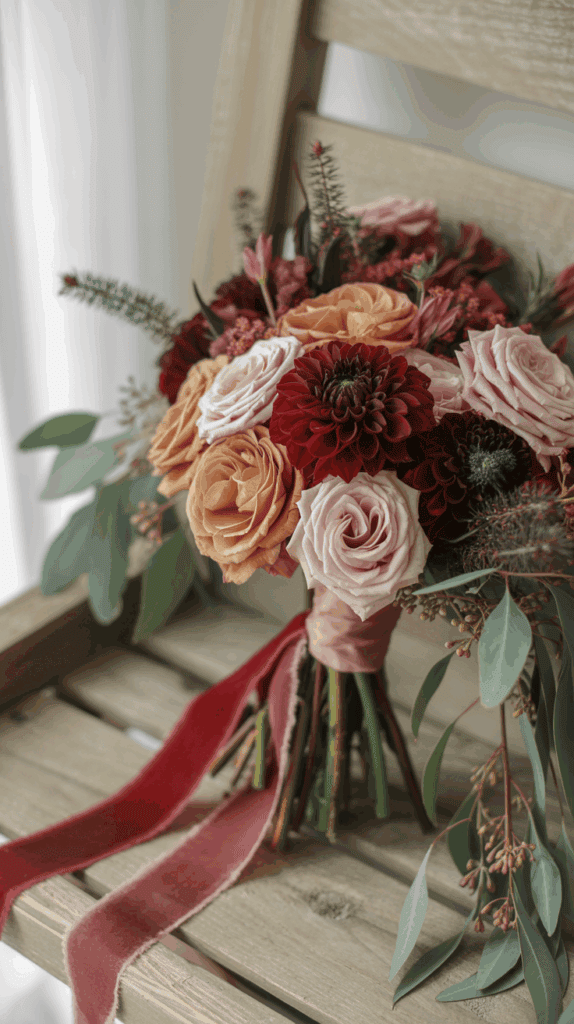 A bouquet of flowers featuring red dahlias, pink and peach roses, and eucalyptus leaves with a maroon ribbon, placed on a rustic wooden chair.
