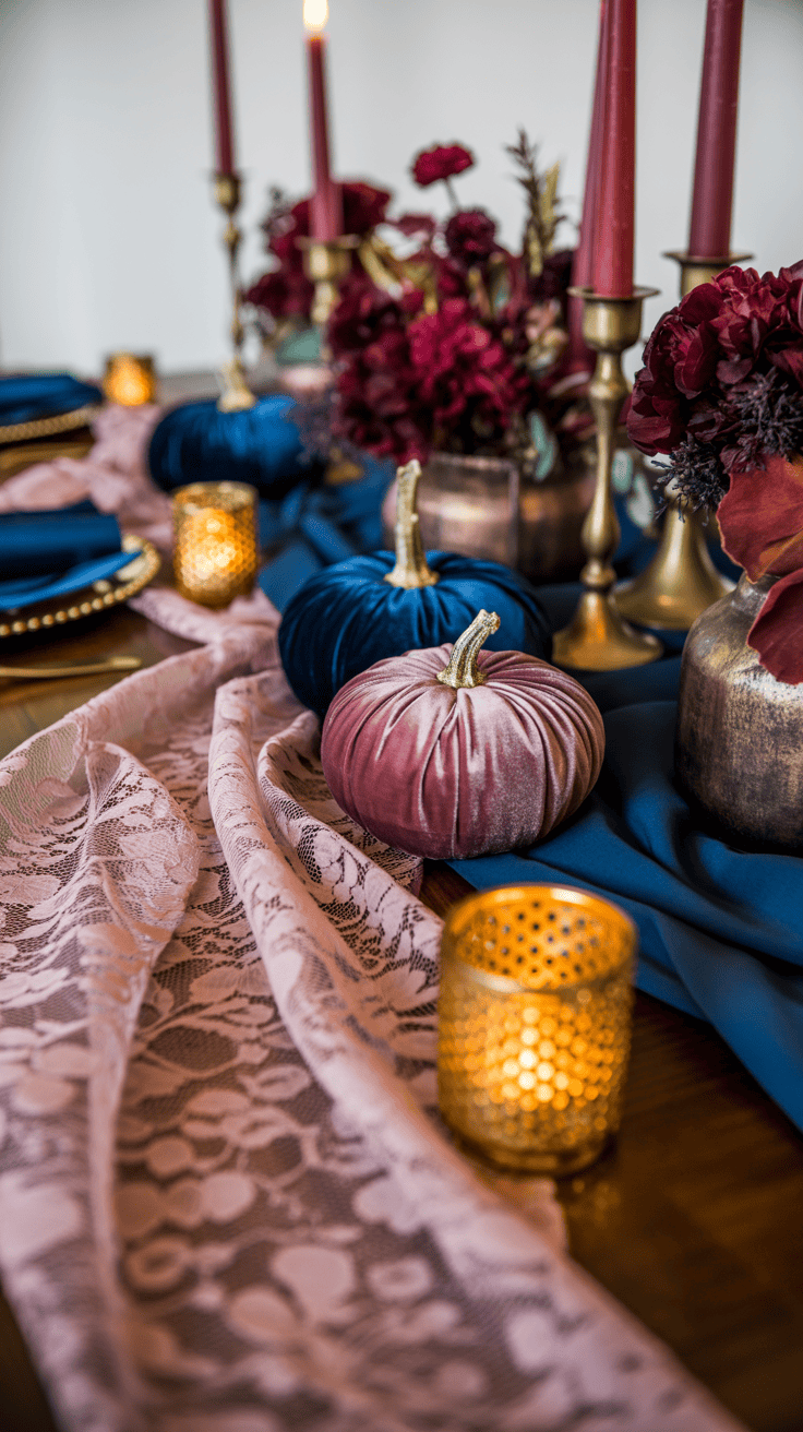 A table decorated with plush velvet pumpkins in shades of blue and pink, surrounded by red flowers in gold vases, gold candlesticks with red candles, and golden tealight holders, all set on a blue and pink lace table runner.