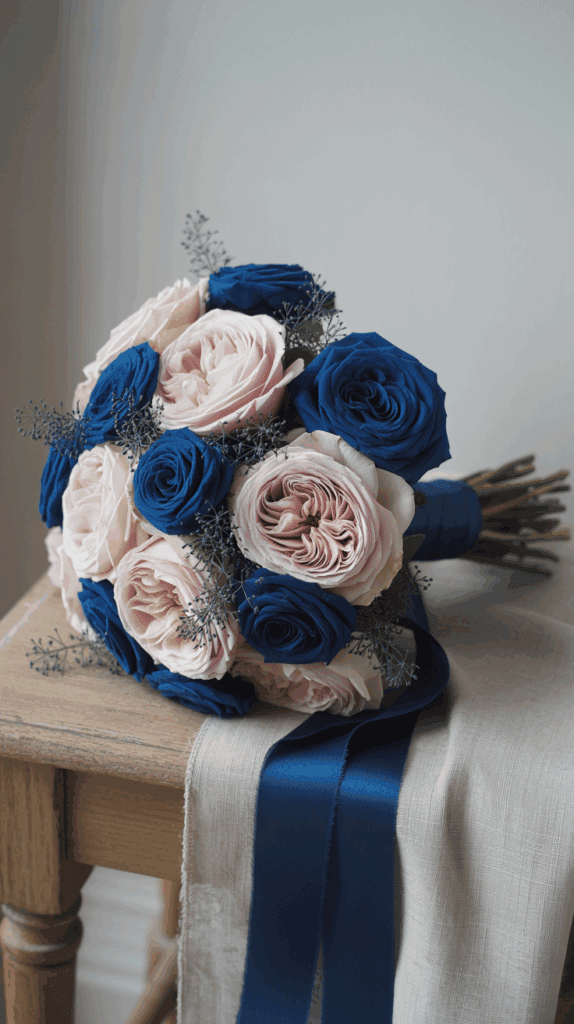 A bouquet of pink and blue roses, accented with delicate foliage, wrapped with a blue ribbon, resting on a wooden chair draped with a linen cloth.