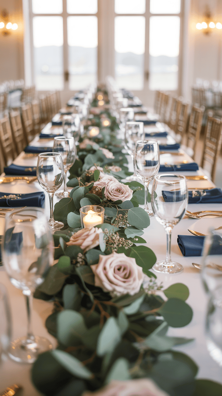 A long, elegantly set table with a centerpiece of pink roses and eucalyptus leaves, surrounded by wine glasses and navy blue napkins.