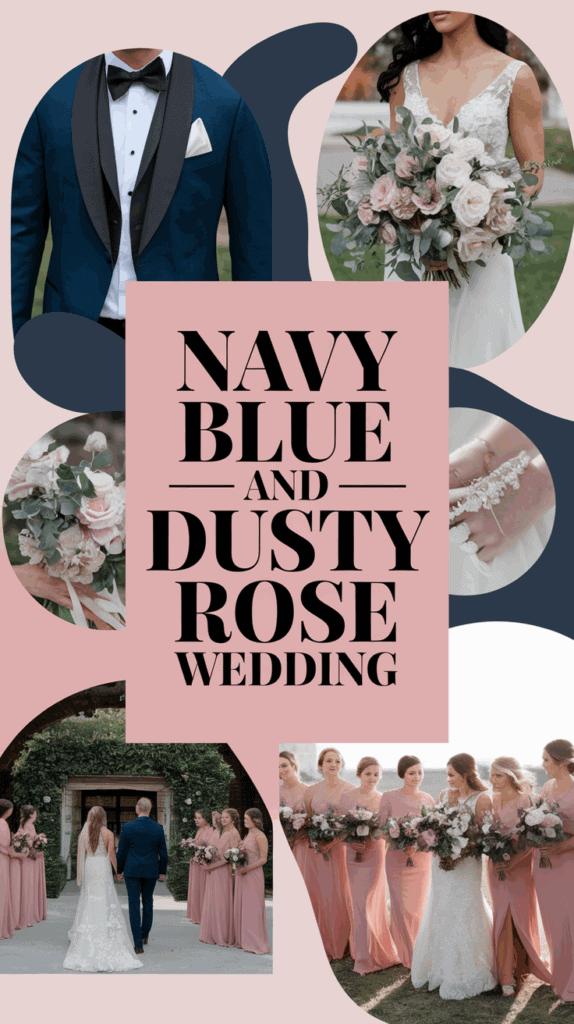 Collage featuring wedding elements with a navy blue and dusty rose theme, including a groom in a blue tuxedo, a bride with a rose bouquet, and bridesmaids in matching dusty rose dresses.