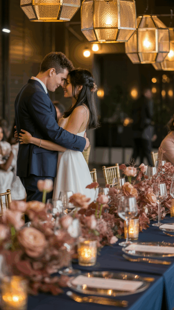 A bride and groom embrace and smile at each other during a wedding reception, surrounded by elegant table settings with pink flowers and candlelit ambience under decorative hanging lights.