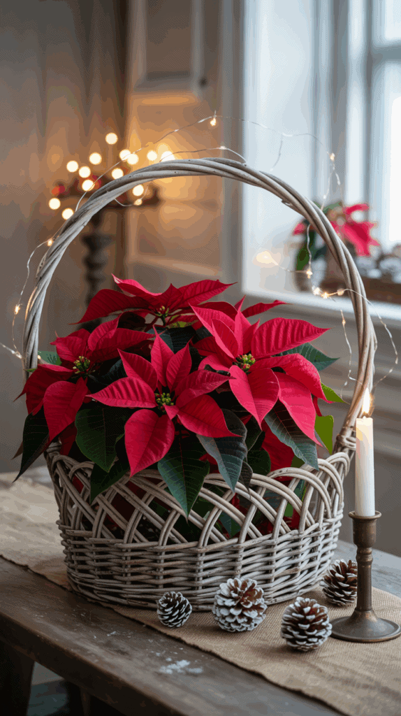 A wicker basket filled with vibrant red poinsettias sits on a wooden table, adorned with a string of fairy lights. Nearby, snow-dusted pinecones and a lit candle create a festive, cozy atmosphere.