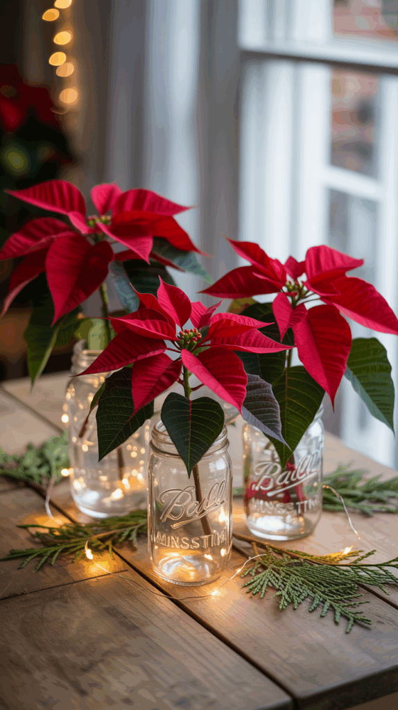 Red poinsettias in clear jars on a wooden table, decorated with string lights and evergreen branches, near a window.