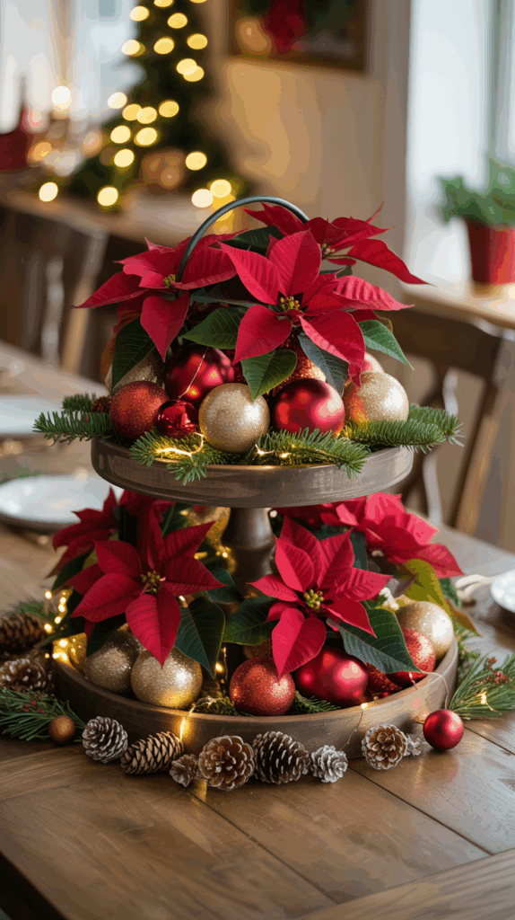 A festive two-tiered wooden tray centerpiece featuring red poinsettias, gold and red Christmas ornaments, pinecones, and fairy lights, set on a dining table with a blurred Christmas tree in the background.