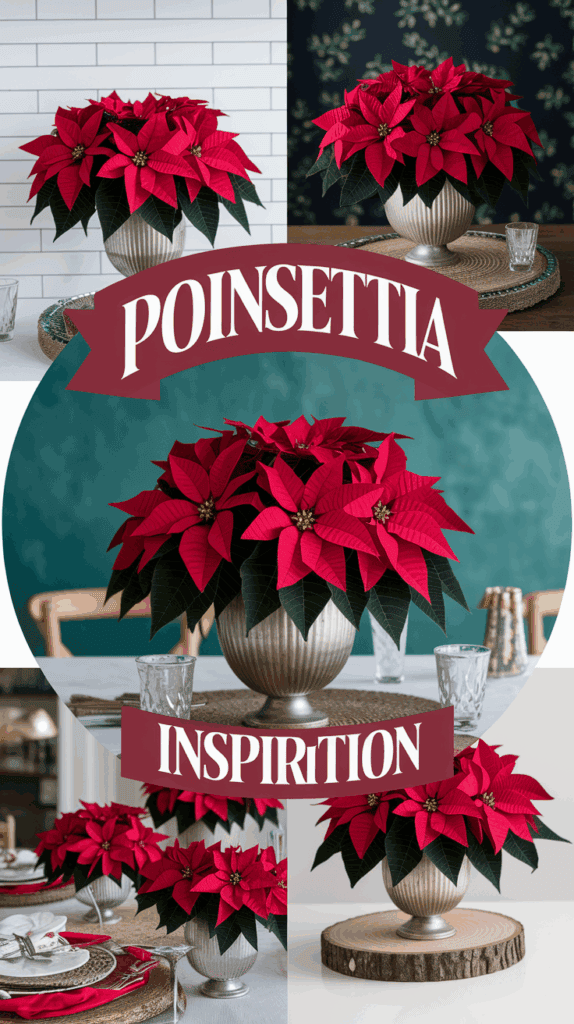 A collage of multiple vases filled with red poinsettias, each set against various decorative backgrounds. The centerpiece image is circular, displaying poinsettias in a ribbed metallic vase, surrounded by a burgundy banner with the text 'Poinsettia Inspiration.' The surrounding images show different placements of poinsettias on tables with dinnerware or wooden bases.