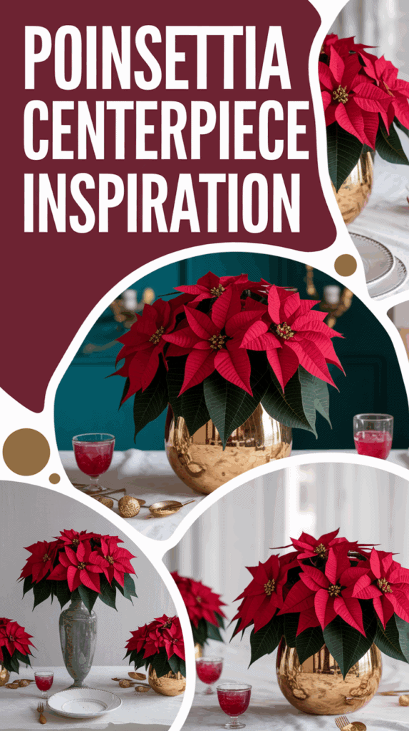 Collage of poinsettia centerpieces in elegant table settings, featuring vibrant red poinsettias in various gold and silver vases, accompanied by festive tableware.
