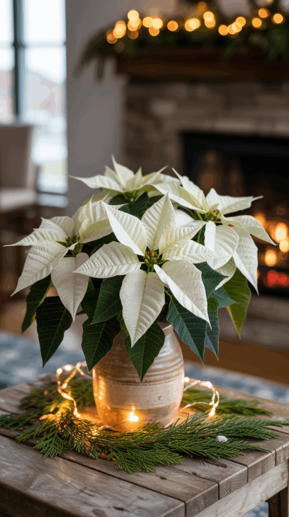 A white poinsettia plant in a ceramic vase, surrounded by pine branches and string lights, sits on a wooden table with a cozy fireplace in the background.