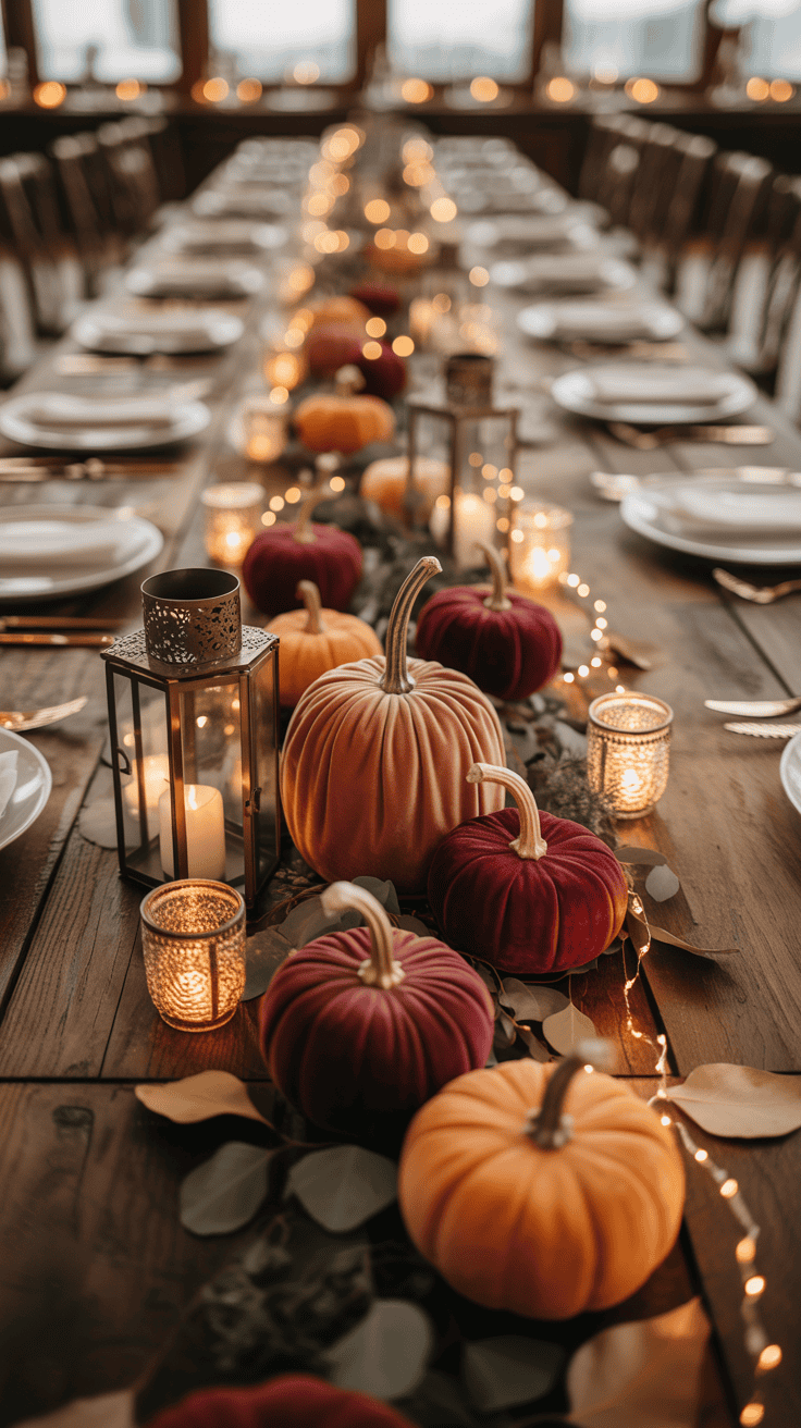 A festive table setting with a centerpiece of decorative pumpkins in shades of orange and burgundy, surrounded by candles and fairy lights, creating a warm and inviting atmosphere.