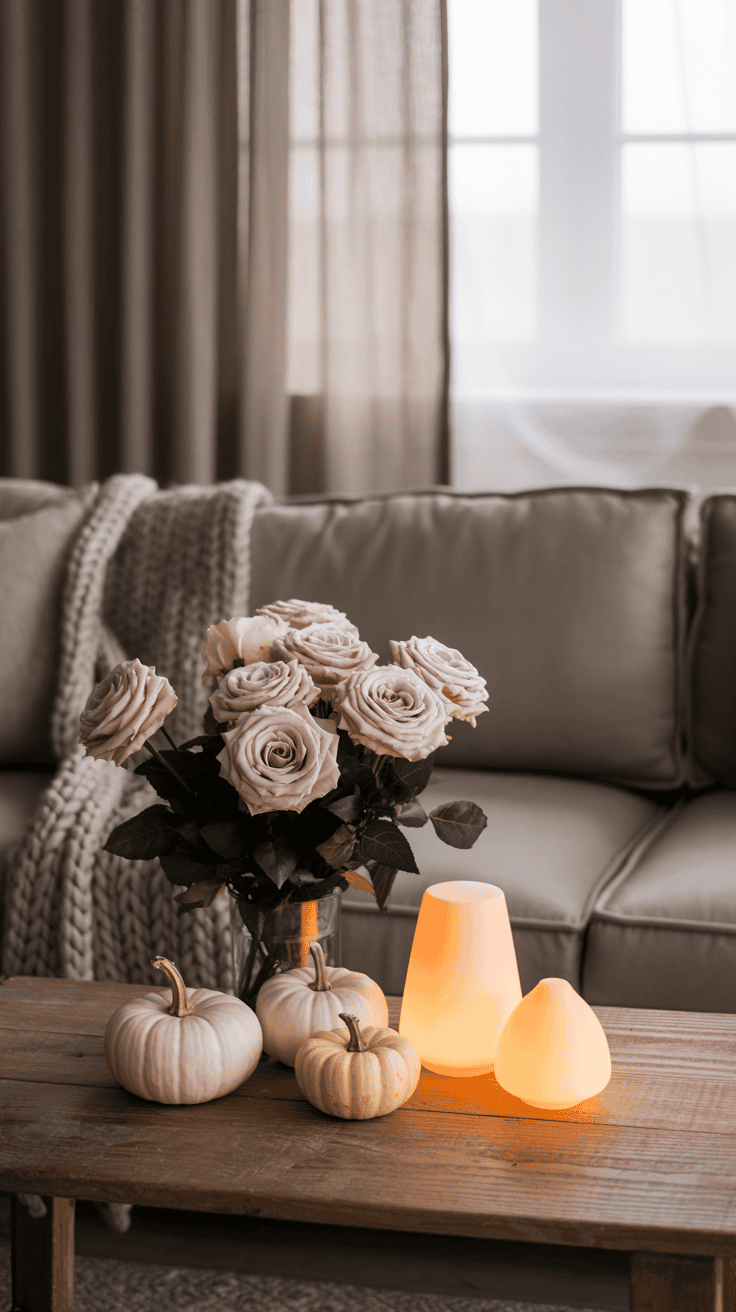 A cozy living room scene with a wooden table adorned with a bouquet of pink roses, white pumpkins, and glowing lights against a backdrop of a knitted blanket and a soft couch.