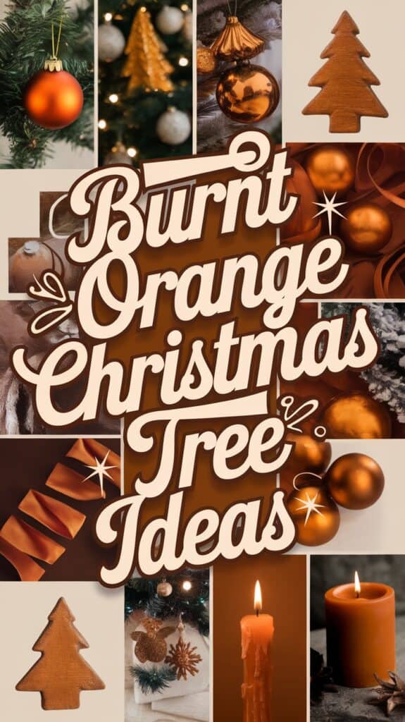Collage of Christmas decorations in burnt orange colors, featuring ornaments, a candle, a tree figurine, and the text 'Burnt Orange Christmas Tree Ideas' in large stylized font.
