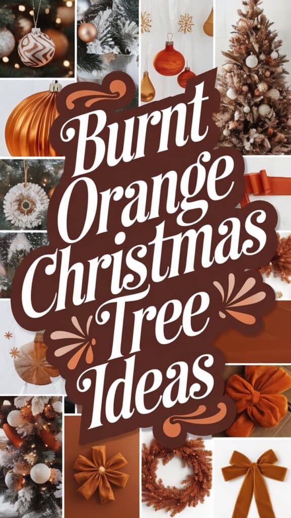 A collage featuring a variety of Christmas decorations in burnt orange hues, including ornaments, bows, a wreath, and a Christmas tree, with the text 'Burnt Orange Christmas Tree Ideas' prominently displayed in the center.