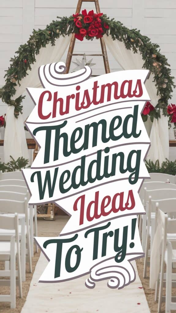A festive wedding setup featuring a wooden arch decorated with greenery and red flowers, with white chairs lining both sides of an aisle. Text overlay reads, 'Christmas Themed Wedding Ideas To Try!'