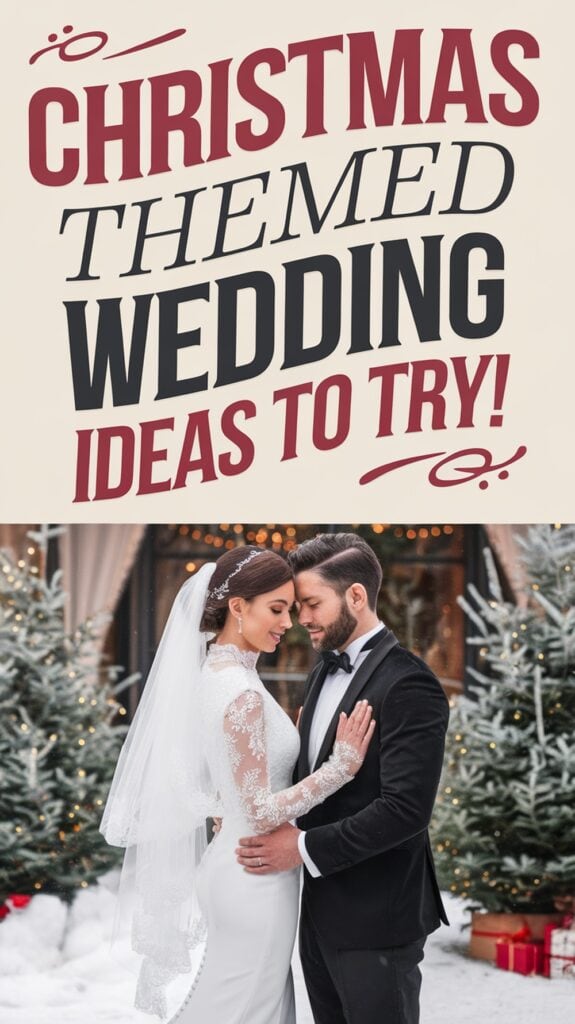 A text reading "Christmas Themed Wedding Ideas to Try!" above an image of a bride and groom embracing outside in the snow, surrounded by decorated Christmas trees.