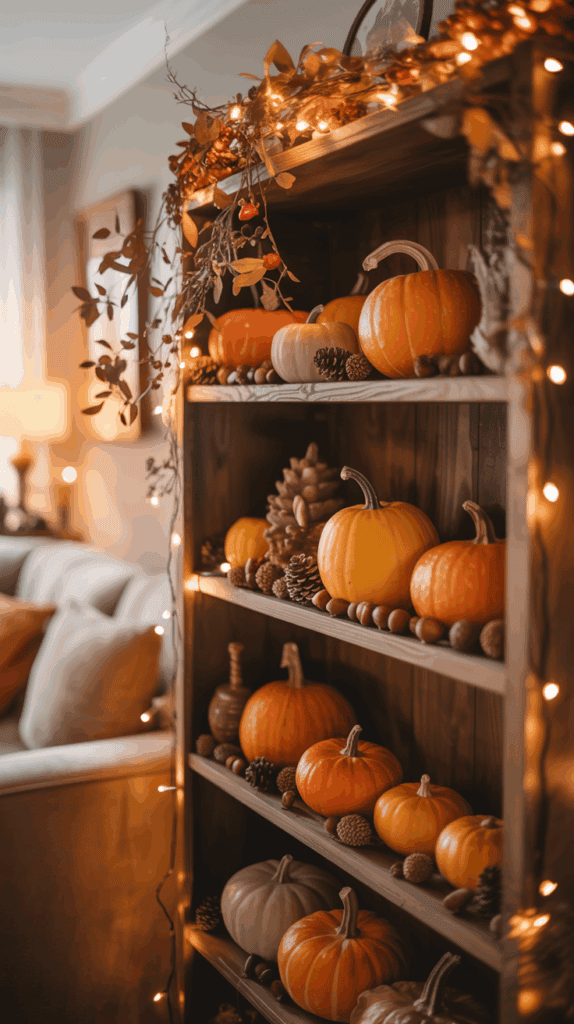 A decorated wooden shelf filled with small pumpkins, pine cones, and acorns, adorned with autumn leaves and warm fairy lights, with a cozy room setting in the background.
