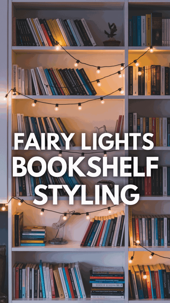 Bookshelf decorated with fairy lights, containing various books, with a small potted plant on one shelf and a stand with a decorative item on another. The text "Fairy Lights Bookshelf Styling" overlays the image.
