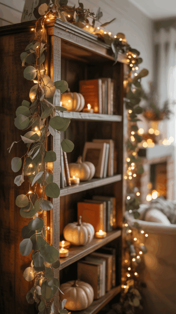 A cozy room with a wooden bookshelf decorated for fall with small white pumpkins, candles, eucalyptus garlands, and warm white string lights.