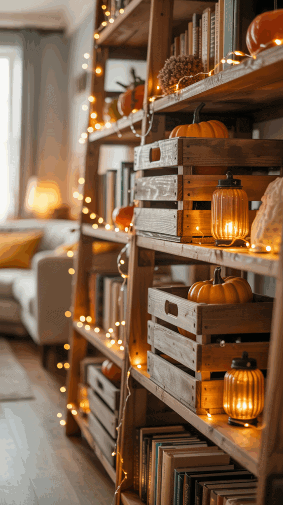 A cozy interior featuring a wooden bookshelf decorated with small pumpkins, glowing string lights, and books. The shelves also hold rustic wooden crates and a lit lantern. In the background, there is a blurred view of a couch with a warm atmosphere.