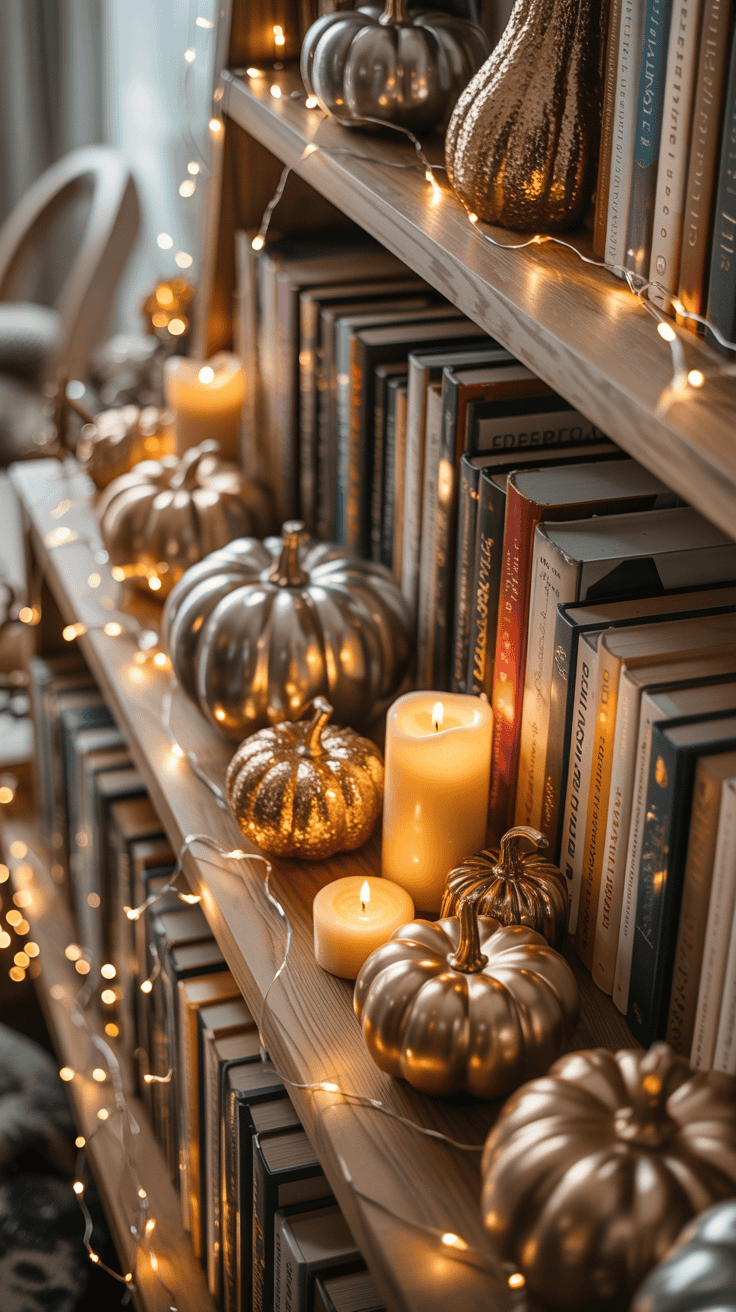 Shelf decorated with warm fairy lights.
