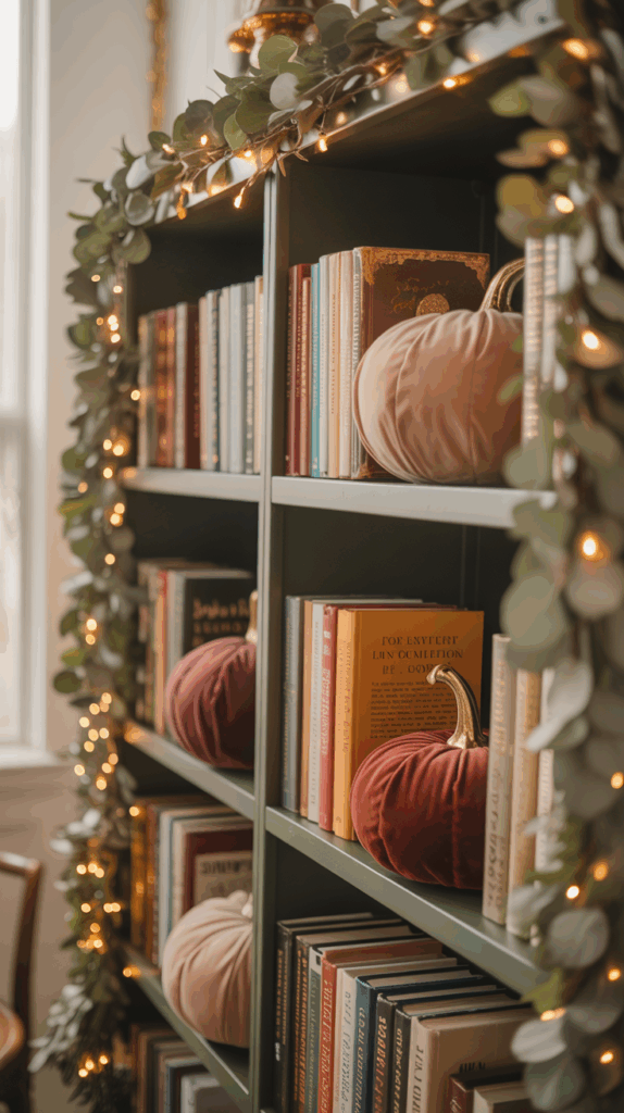 A bookshelf adorned with decorative pumpkins and string lights, surrounded by leafy garlands, with various books neatly arranged.