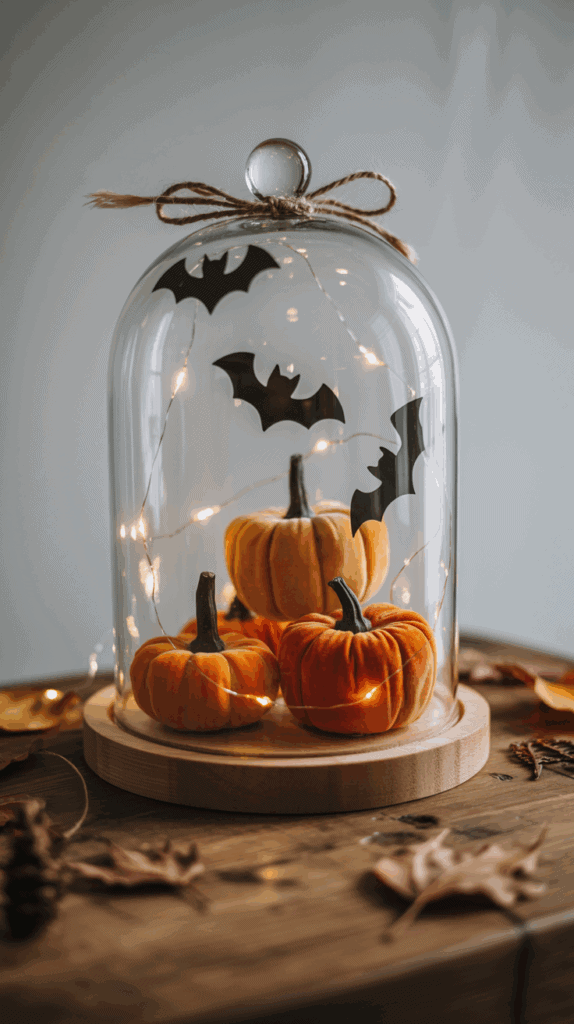 Three small pumpkins placed under a glass dome with decorative black bats and string lights, set on a wooden base with scattered autumn leaves around.