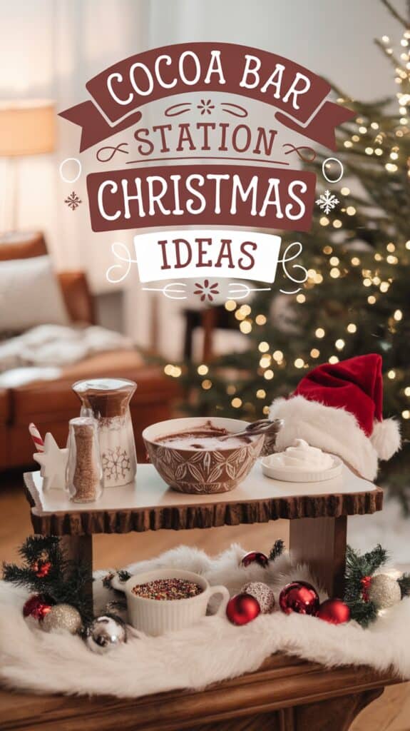 A cozy Christmas-themed cocoa bar with a sign reading 'Cocoa Bar Station Christmas Ideas.' The setup includes a wooden tray with a bowl of hot chocolate, a small jar with whipped cream, various toppings, and a Santa hat. Holiday decorations with ornaments and a small tree are visible in the background.