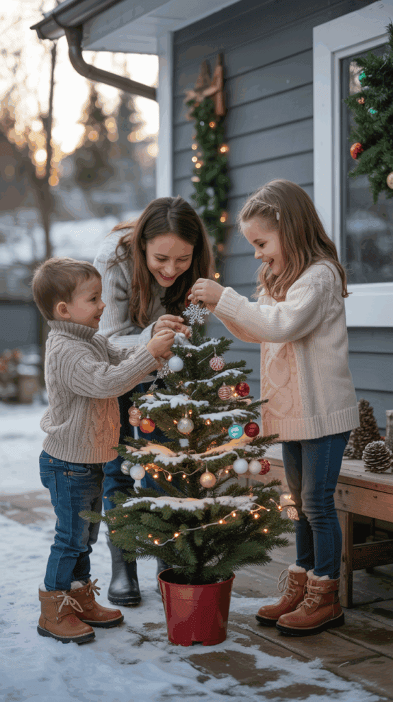 A woman and two children are decorating a small Christmas tree in a snowy outdoor setting. The tree is adorned with colorful ornaments and string lights, and it is placed in a red pot. The woman and children are wearing winter clothing, including sweaters and boots. A house is visible in the background, decorated with garlands.