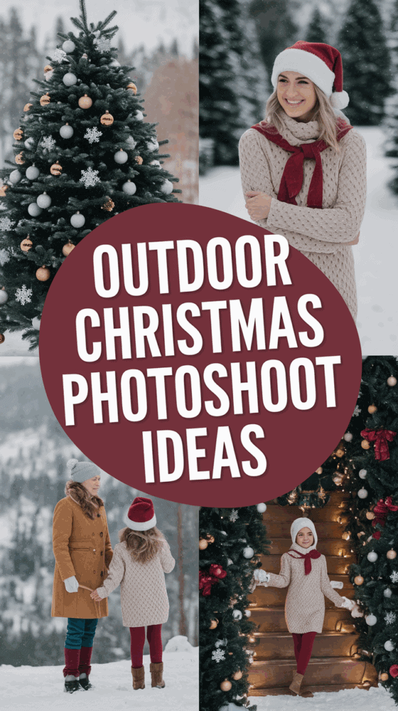 Collage of outdoor Christmas photoshoot ideas, featuring a decorated Christmas tree, a woman in a Santa hat and scarf, a snowy forest scene with a woman and child, and a child standing near a decorated porch.