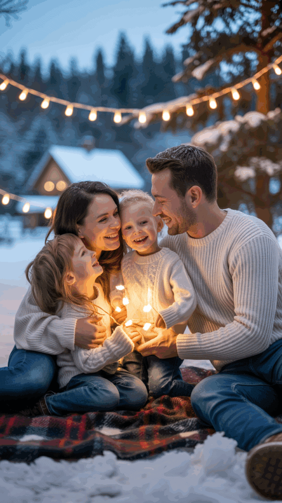 A family of four, sitting on a plaid blanket in the snow, smiles warmly while holding string lights. They are dressed in cozy sweaters, with a cabin and snowy trees in the background, creating a festive winter scene.
