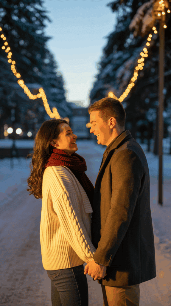 A couple stands holding hands and smiling at each other in a snowy outdoor setting, illuminated by string lights overhead.