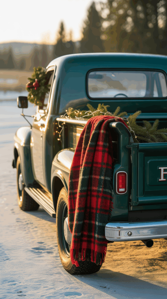 A vintage green pickup truck parked on a snowy road, with a red plaid blanket draped over the tailgate and Christmas greenery in the truck bed. The truck is decorated with a wreath on the door, with trees visible in the background during a sunset.