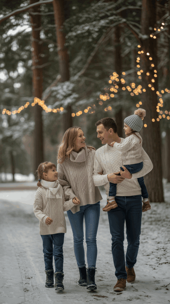A family of four, two adults and two children, walking in a snowy forest wearing warm sweaters and jeans. The trees are decorated with string lights, creating a festive atmosphere.