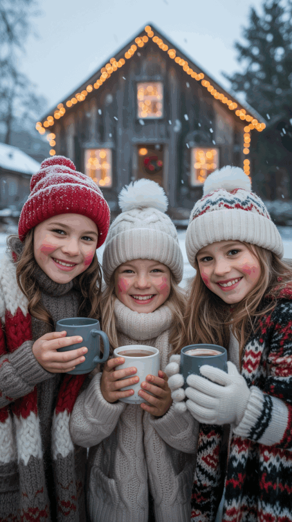 Three smiling children wearing winter hats and sweaters holding mugs of hot chocolate, standing in front of a snowy, decorated wooden house with festive lights.