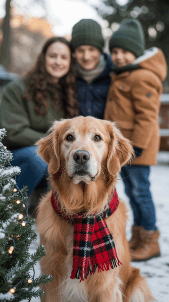 A golden retriever wearing a red plaid scarf is the focus of the image, with a partially blurred family of three in the background, all dressed in winter attire and standing outdoors in a snowy setting.