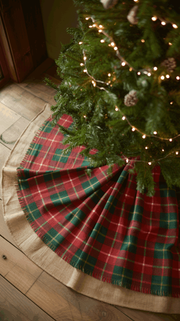 A Christmas tree with twinkling lights is positioned on a circular plaid tree skirt with red and green checkered patterns on a wooden floor.