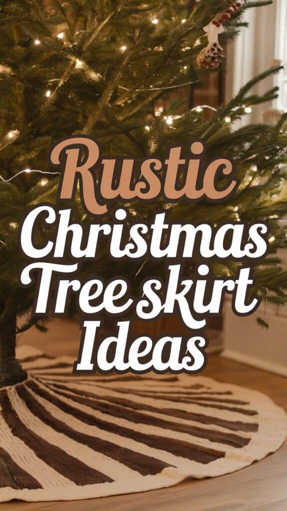A rustic-themed Christmas tree with a brown and white striped tree skirt, adorned with warm white string lights, and text overlay reading 'Rustic Christmas Tree Skirt Ideas.'