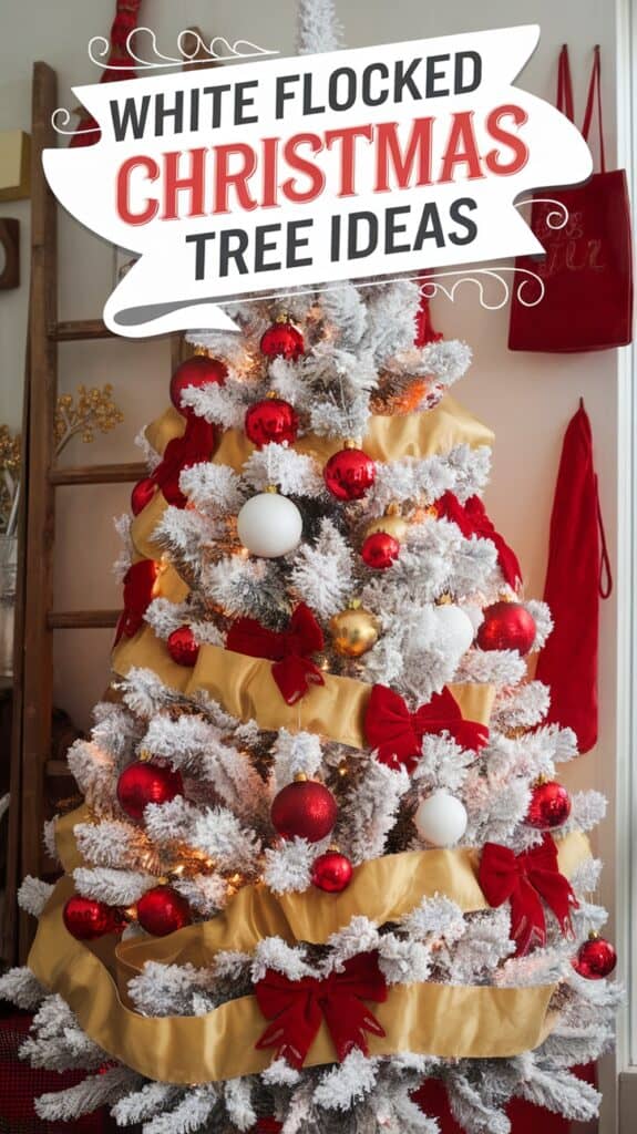 A white flocked Christmas tree decorated with red ornaments, large white and gold baubles, red bows, and gold ribbon, set against a background with a decorative banner that reads 'White Flocked Christmas Tree Ideas.'