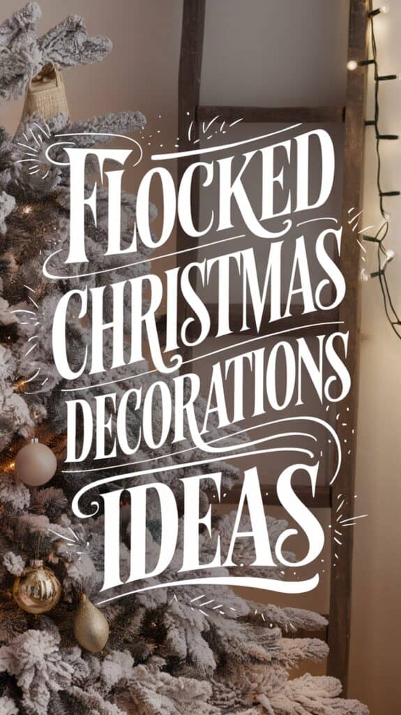 A decorated Christmas tree with flocked branches and ornaments beside a wooden ladder wrapped in string lights, overlaid with the text 'Flocked Christmas Decorations Ideas.'