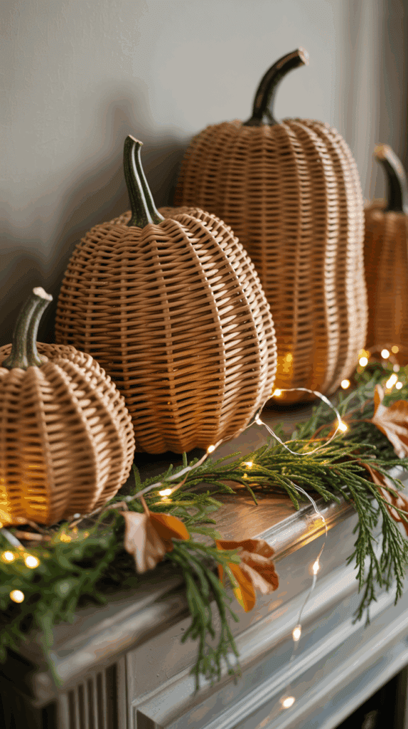 Three wicker pumpkins of varying sizes are displayed on a mantel, decorated with a garland of greenery and autumn-colored leaves, adorned with small warm string lights.