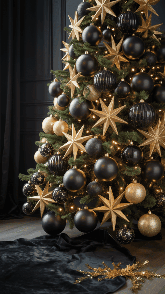 A Christmas tree adorned with black and gold baubles and star-shaped ornaments, set against a dark wall with a black velvet tree skirt.